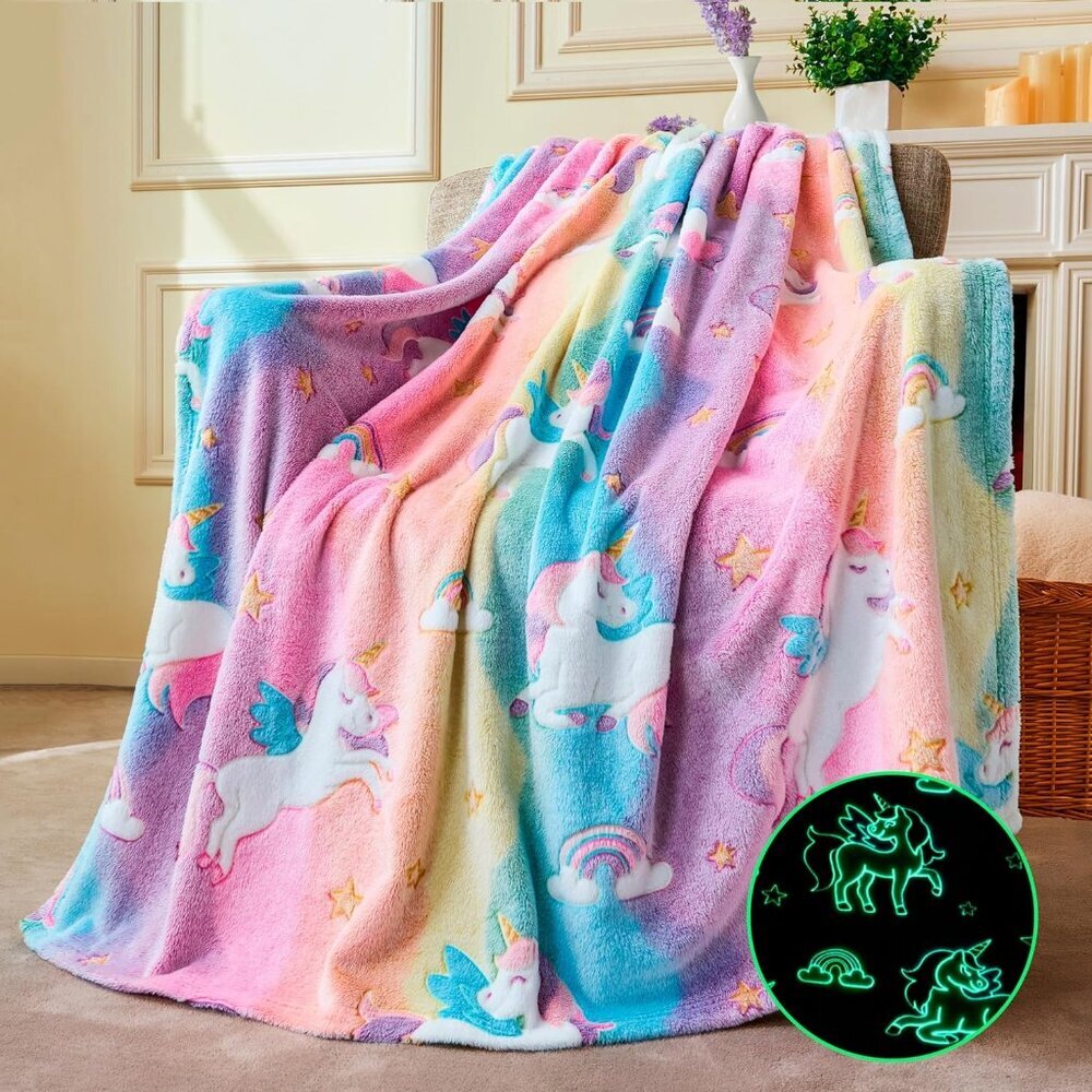 Glow in the Dark Unicorn Blanket for Girls Cozy Flannel Throw 50"×60" Birthday